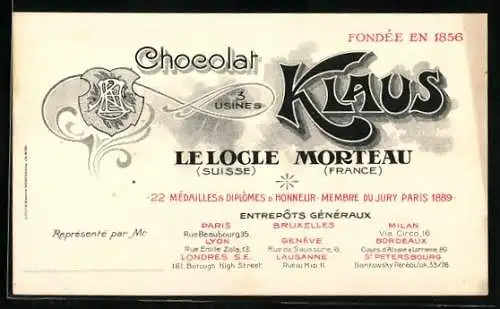 Vertreterkarte Le Locle, Chocolat Klaus, 3 Usines, Monogramm
