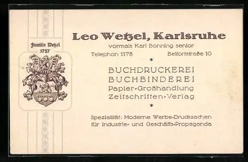 Vertreterkarte Karlsruhe, Leo Wetzel, Buchdruckerei, Belfortstrasse 10, Wappen der Familie Wetzel