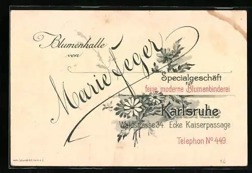 Vertreterkarte Karlsruhe, Blumenhalle von Marie Feger, Waldstrasse 34 / Ecke Kaiserpassage