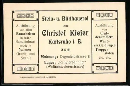 Vertreterkarte Karlsruhe i. B., Stein- u. Bildhauerei Christof Kiefer, Degenfeldstr. 8