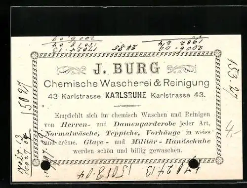 Vertreterkarte Karlsruhe, Chemische Wascherei & Reinigung, J. Burg, Karlstrasse 43