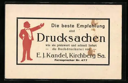 Vertreterkarte Kirchberg i. Sa., Buchdruckerei von E. J. Kandel