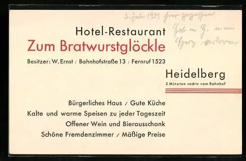 Vertreterkarte Heidelberg, Hotel-Restaurant zum Bratwurstglöckle, Bahnhofstrasse 13, Inh. W. Ernst, Rückseite Anfahrtplan