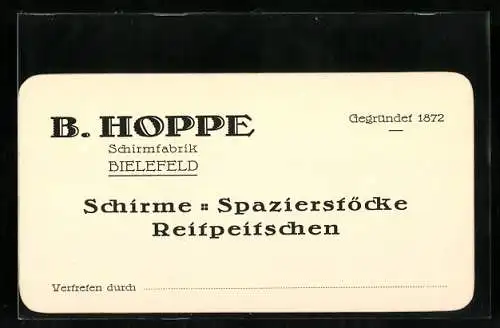 Vertreterkarte Bielefeld, Schirmfabrik B. Hoppe, Schirme, Spazierstöcke und Reitpeitschen