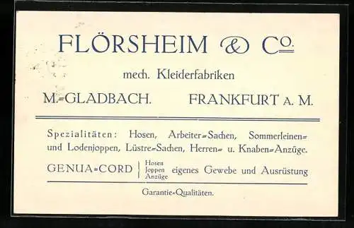 Vertreterkarte Mönchen-Gladbach, mech. Kleiderfabriken Flörsheim & Co.
