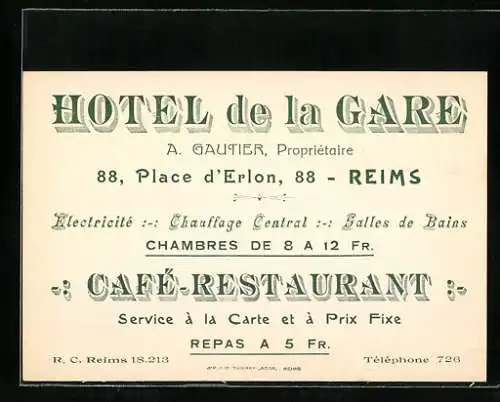 Vertreterkarte Reims, Hotel de la Gare, Place d`erlon 88, Inh. A. Gautier