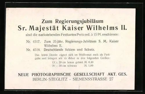 Vertreterkarte Berlin, Neue Photographische Gesellschaft A. G., Siemensstr. 27, zum Regierungsjubiläum Wilhelm II