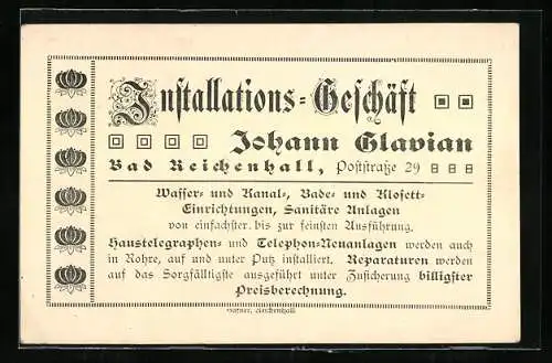 Vertreterkarte Bad Reichenhall, Johann glavian, Installations-Geschäft, Poststrasse 29