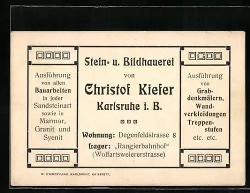 Vertreterkarte Karlsruhe i. B., Stein- u. Bildhauerei Christof Kiefer