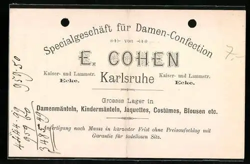 Vertreterkarte Karlsruhe, E. Cohen, Specialgeschäft für Damen-Confection, Kaiser- und Lammstr.