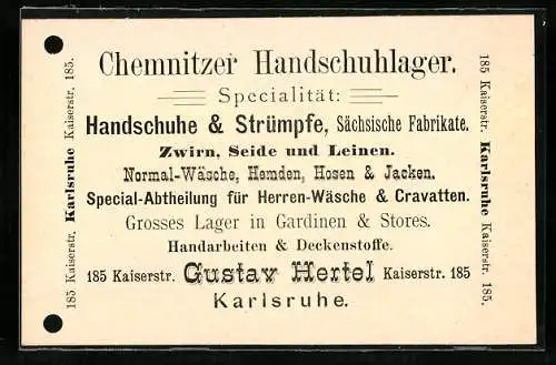 Vertreterkarte Karlsruhe, Chemnitzer Handschuhlager, Gustav Hertel, Kaiserstrasse 185
