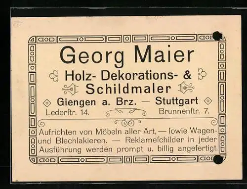 Vertreterkarte Gingen a. Brz., Georg Maier, Holz-Dekorations- & Schildmaler, lederstrasse 14