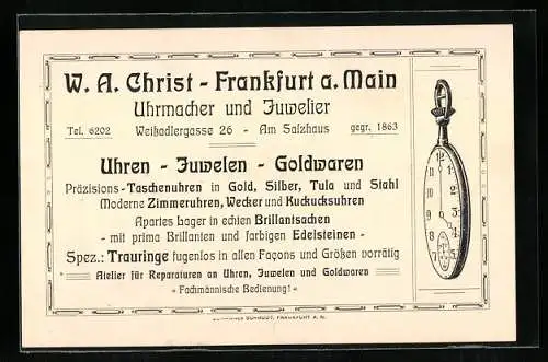 Vertreterkarte Frankfurt am Main, Uhrmacher und Juwelier, W. A. Christ, Weissadlergasse 26