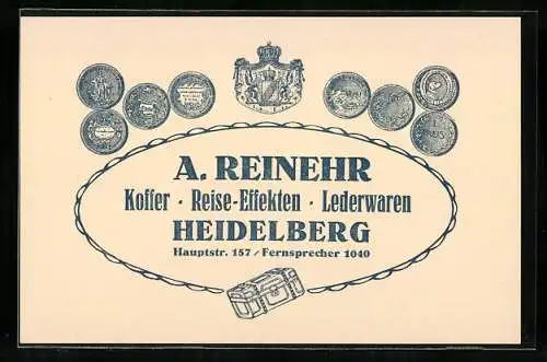 Vertreterkarte Heidleberg, A. Reinehr, Koffer-Reise-effekten.Lederwaren, Hauptstr. 157