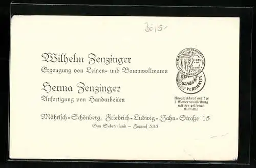 Vertreterkarte Mährisch Schönberg, Wilhelm Zenzinger & Herma Zenzinger, Erzeugung von Leinen-Baumwollwaren
