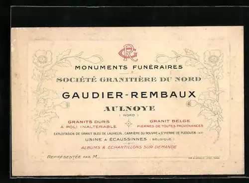 Vertreterkarte Aulnoye, Monuments Funeraires, Socoete Granitiere du Nord, Gaudier-Rembaux, Monogramm