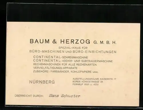 Vertreterkarte Nürnberg, Baum & Herzog GmbH, Büro-Maschinen, Ausstellungräume Kaiserstr. 17, Vertreter Hans Schuster