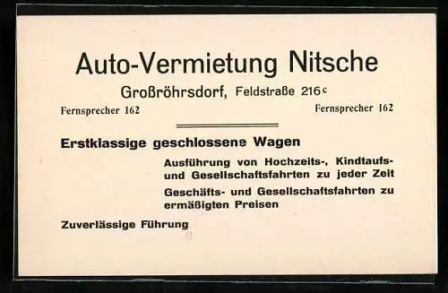Vertreterkarte Grossröhrsdorf, Auto-Vermietung Nitsche, Feldstrasse 216c