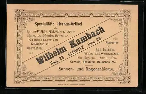Vertreterkarte Gleiwitz, Wilhelm Kambach, Herrenausstatter, Ring 23
