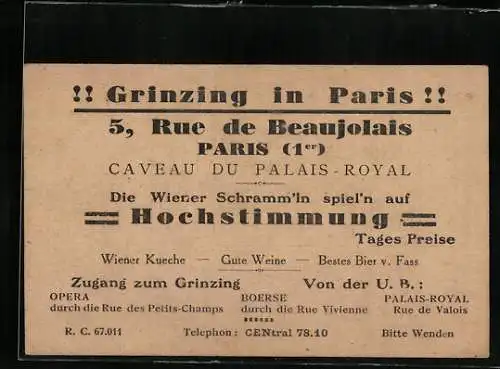 Vertreterkarte Paris, Caveau du Palais-Royal, 5 Rue de Beaujolais, Grinzig in Paris