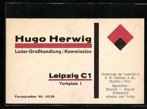 Vertreterkarte Leipzig, Leder-Grosswarenhandlung / kommission, Hugo Herwig, Yorkplatz 1