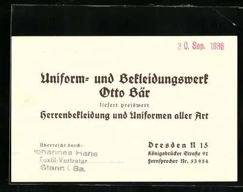 Vertreterkarte Dresden, Uniform- und Bekleidungswerk Otto Bär, Königsbrücker Str. 92