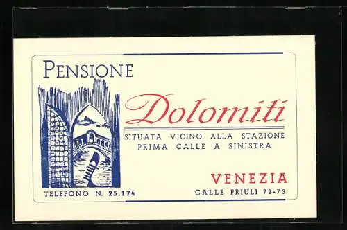 Vertreterkarte Venezia, Pensione Dolomiti, Calle Priuli 72-73