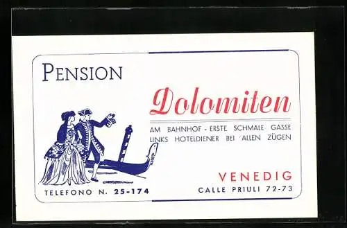Vertreterkarte Venedig, Pension Dolomiten, Calle Priuli 72-73