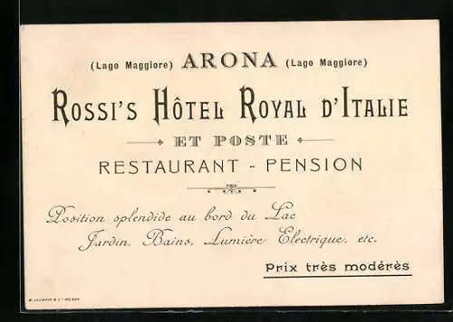 Vertreterkarte Arona, Rossi`s Hotel Royal d`Italie, Restaurant-Pension