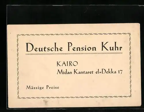 Vertreterkarte Kairo, Deutsche Pension Kuhr, Midan Knataret el-Dekka 17