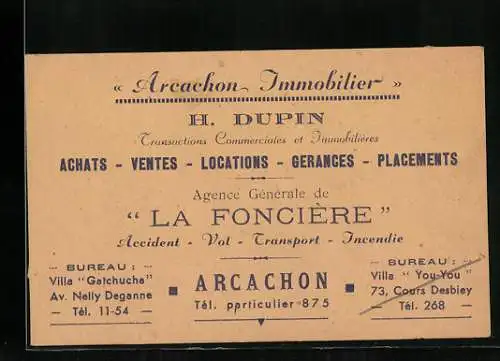 Vertreterkarte Arcachon, Arcachon Immobilier, H. Dupin, Bureau: Villa Gatchucha