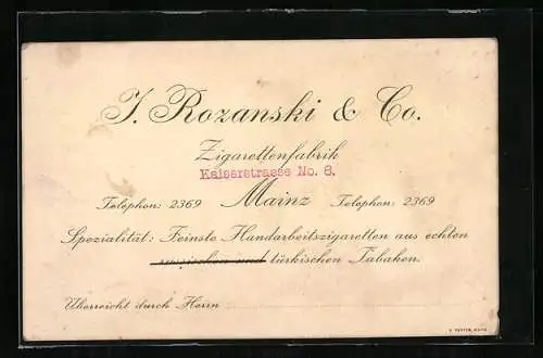 Vertreterkarte Mainz, Zigarettenfabrik, J. Rozansky & Co., Kaiserstrasse 8