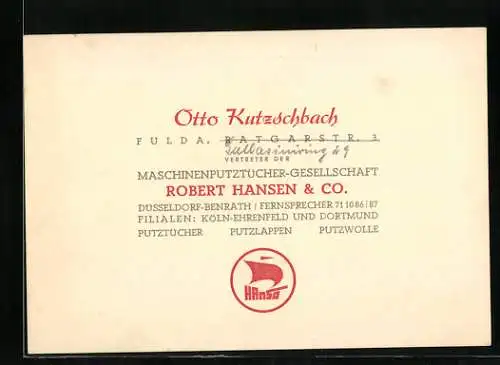 Vertreterkarte Fulda, Otto Kutzschbach, Maschienputztücher-Gesellschaft, Gallasiniring 29