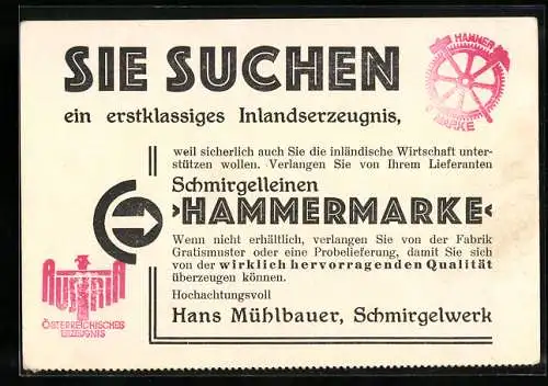 Vertreterkarte Wien. Schmirgelwerk Hans Mühlbauer, Hammermarke, Stempel