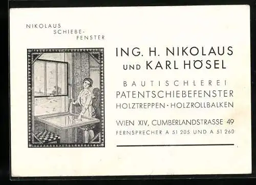 Vertreterkarte Wien, Ing. H. Nikolaus und Karl Hösel, Bautischlerei, Patentschiebefenster, Cumberlandstrasse 49
