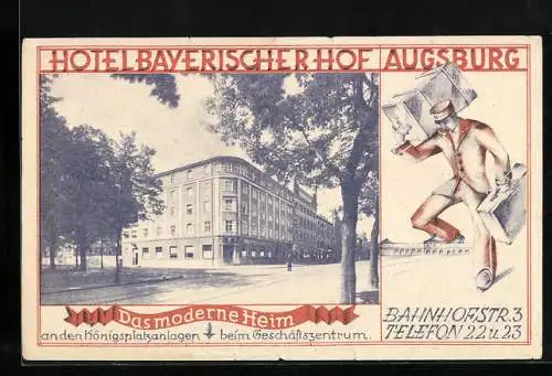 Vertreterkarte Augsburg, Hotel Bayerischer Hof, Bahnhofstrasse 3, Blick zum Hotel