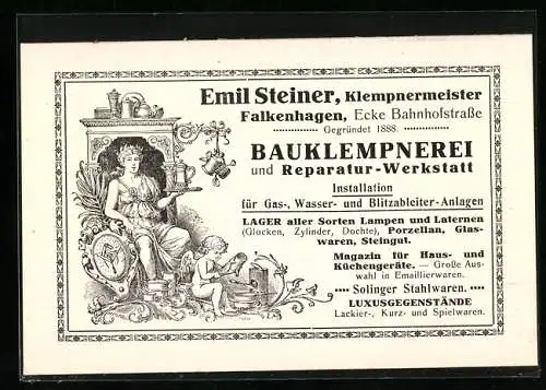 Vertreterkarte Falkenhagen, Emil Steiner, Klempnermeister, Bahnhofstrasse, Bauklempnerei