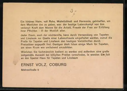 Vertreterkarte Coburg, Ernst Volz, Mohrenstrassen, Handlung für Tapeten