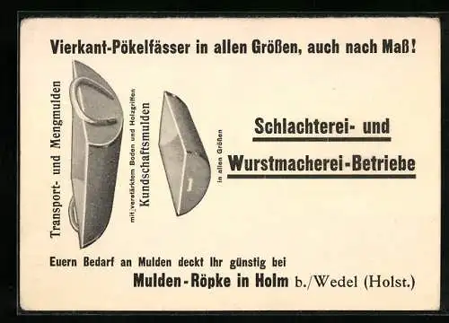 Vertreterkarte Holm b. Wedel, Schlachterei- und Wurstmacherei-Betriebe Mulden-Röpke, Inh. Wilh. Röpke