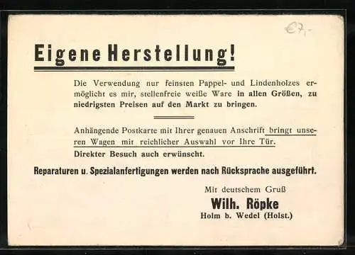 Vertreterkarte Holm b. Wedel, Schlachterei- und Wurstmacherei-Betriebe Mulden-Röpke, Inh. Wilh. Röpke