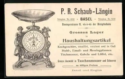 Vertreterkarte Basel, P. R. Schaub-Längin, Haushaltungsartikel, Binningerstr. 11