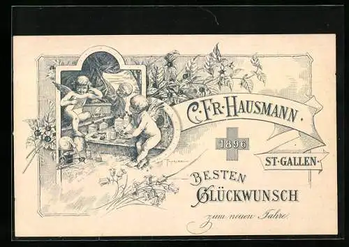 Vertreterkarte St. Gallen, C. Fr. Hausmann, Hechtapotheke, Goliatgasse 4, Besten Glückwunsch zum neuen Jahr