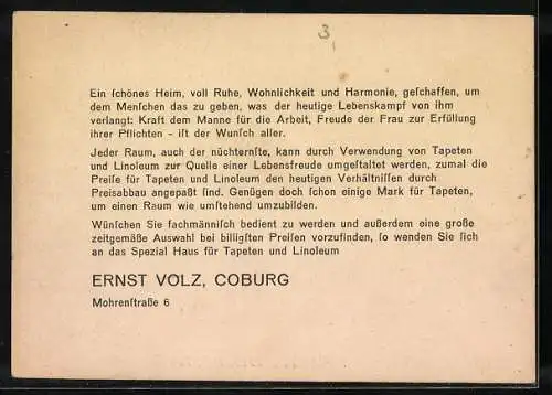 Vertreterkarte Coburg, Ernst Volz, Mohrenstrasse 6, Tapenhandlung
