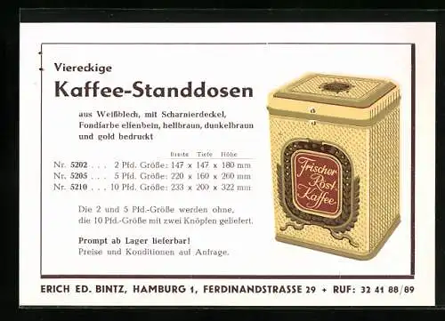 Vertreterkarte Hamburg, Erich Ed. Bintz, Ferdinandstrasse 29, Viereckige Kaffee-Standdosen