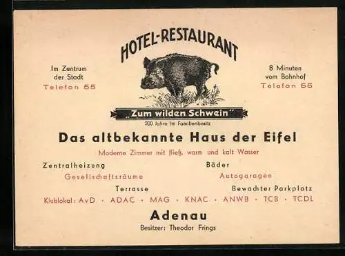 Vertreterkarte Adenau, Hotel-Restaurant zum wilden Schwein, Inh. Theodor Frings