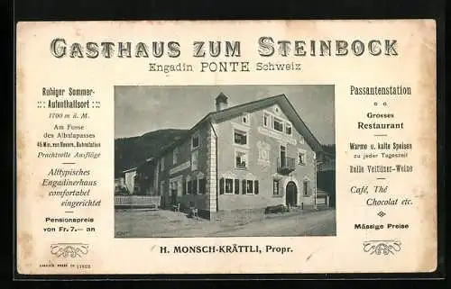 Vertreterkarte Ponte, Gasthaus zum Steinbock, Inh. H. Monsch-Krättli