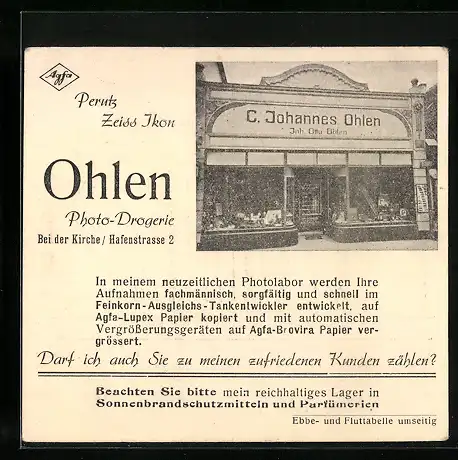 Vertreterkarte Photo-Drogerie Ohlen, Inhaber: C. Johannes Ohlen, Bei der Kirche / Hafenstrasse 2, Perutz Zeiss Ikon
