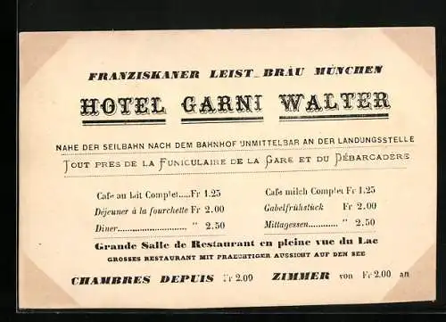 Vertreterkarte Lugano, Hotel Garni Walter, an der Landungsstelle, Rücksetei Lithographie mit Promenade