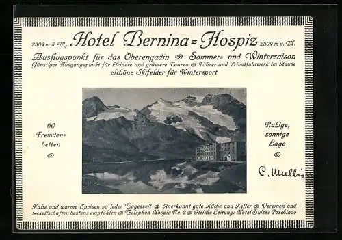 Vertreterkarte Poschiavo, Hotel Bernina-Hospiz, Ausflugspunkt für das Oberengadin, Blick zum Hotel
