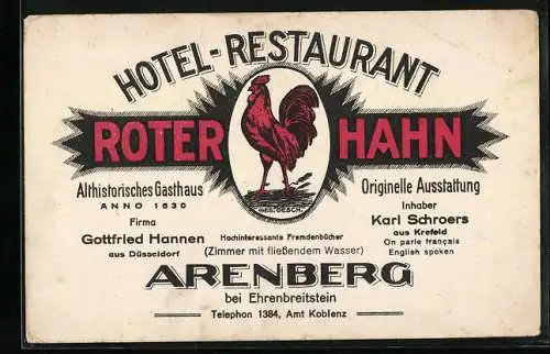 Vertreterkarte Arenberg, Hotel-Restaurant Roter Hahn, Inh. Karl Schroers, Rückseite Anfahrtskizze